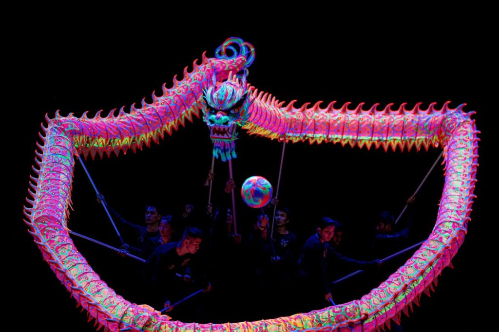 glowing dragon in a low light stage performance AJTaylor Images